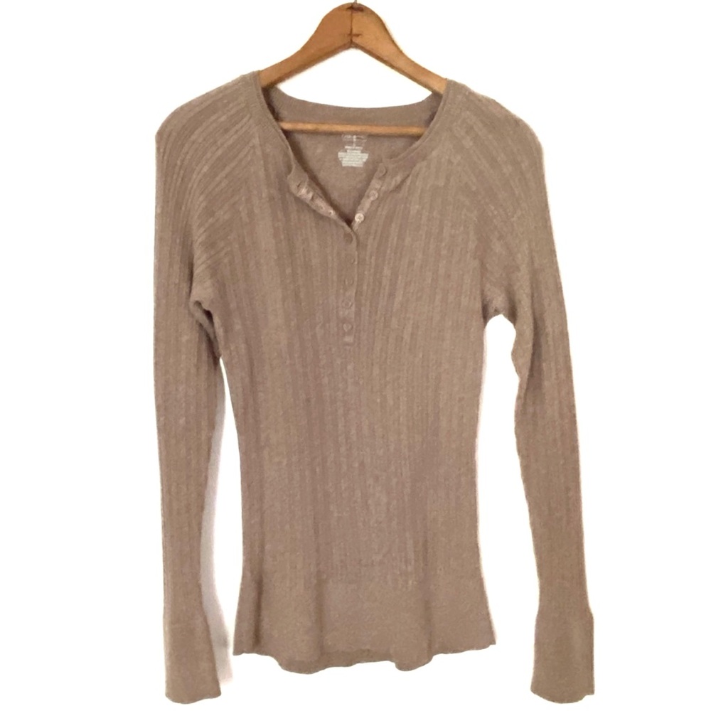 Mossimo Ribbed Henley Sweater Tan Brown Long Sleeve Knit Top Preppy Popover L - Picture 7 of 16